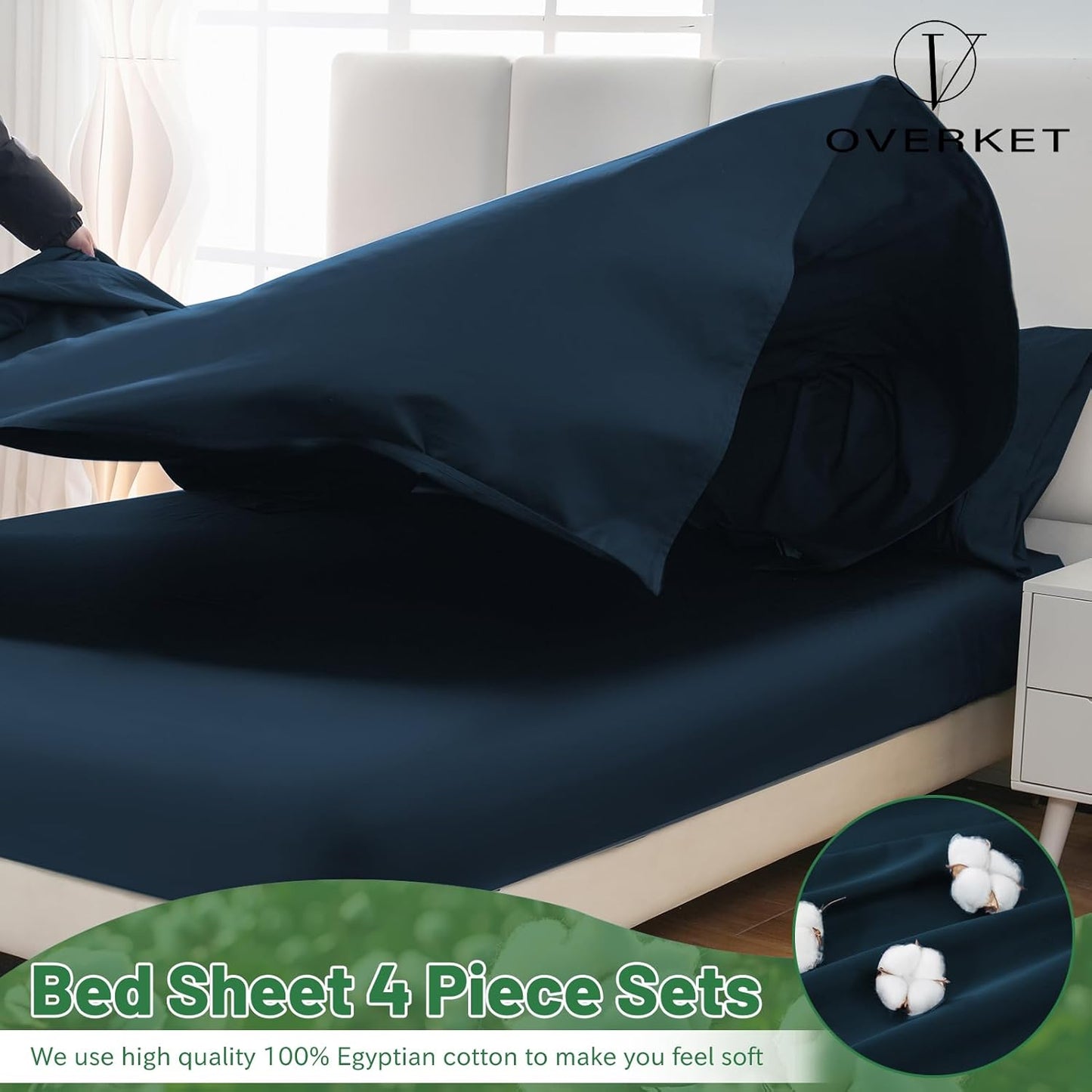 1000 Thread Count Egyptian Cotton Sheets Queen Size Set Sateen Weave Soft Breathable 16-Inch Deep Pocket 4PCS（Queen,Navy）