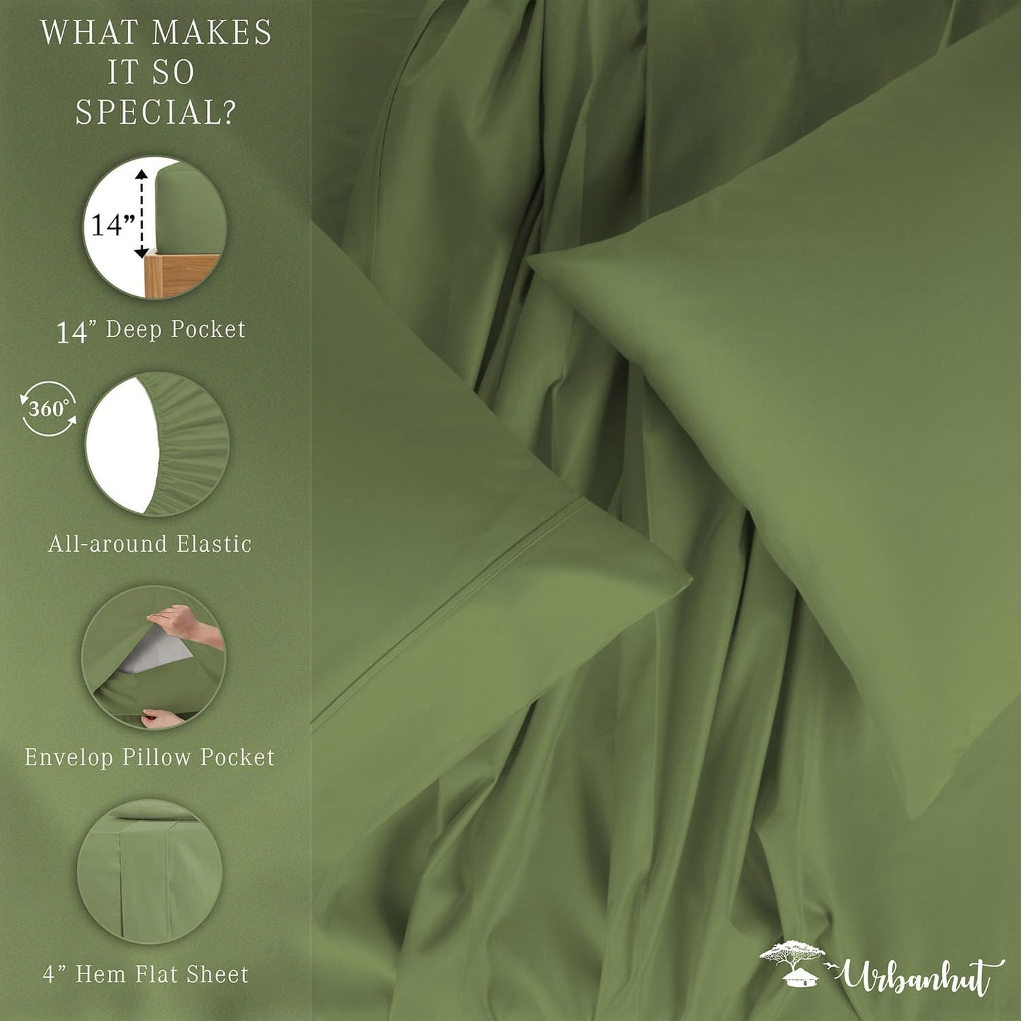 URBANHUT 700 Thread Count Egyptian Cotton Full Sheets, 4Pc Sheet Set Soft Luxury Bed Sheets for Full Size Bed, Sateen Weave Hotel Sheets, 14'' Elasticized Deep Pocket - Sage