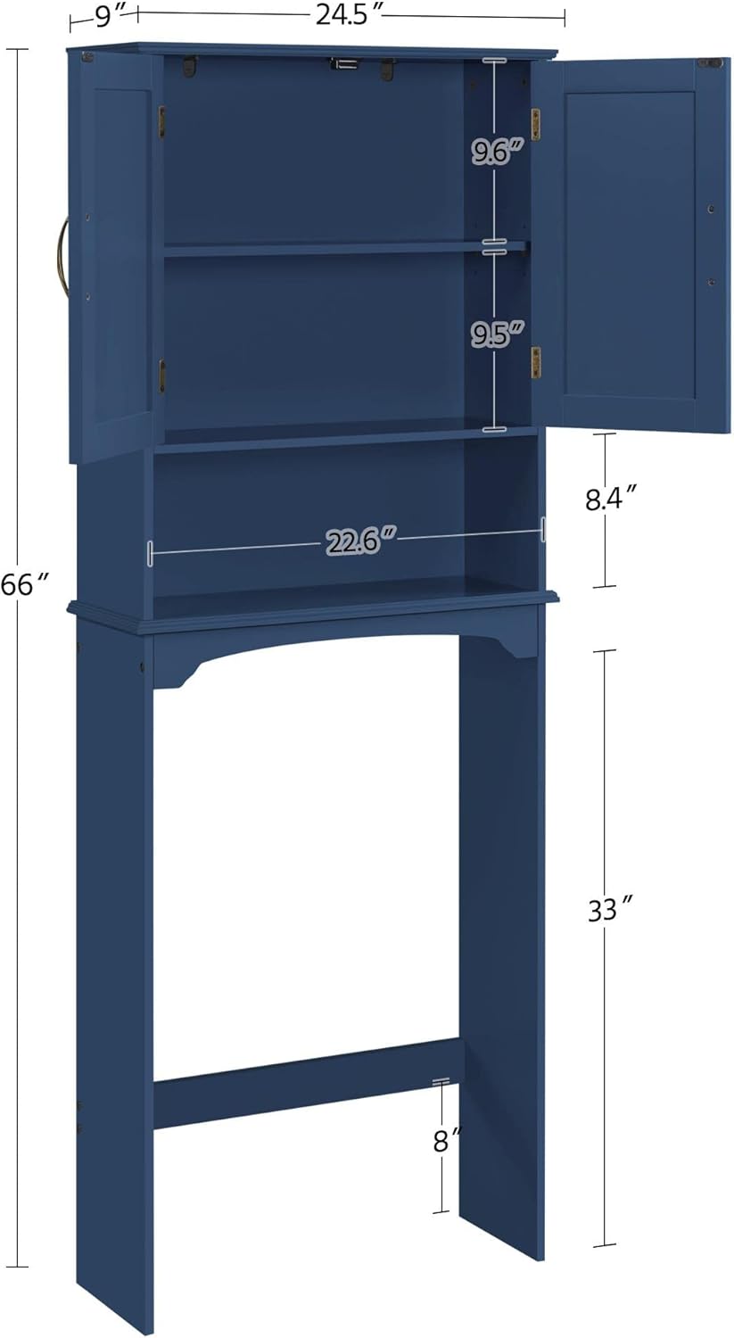 Yaheetech Over The Toilet Storage with 2 Doors & Adjustable Shelf, Free Standing Toilet Rack Wooden Space-Saving Collect Cabinet, Bathroom Furniture, L24.5xW9xH66 in, Navy Blue