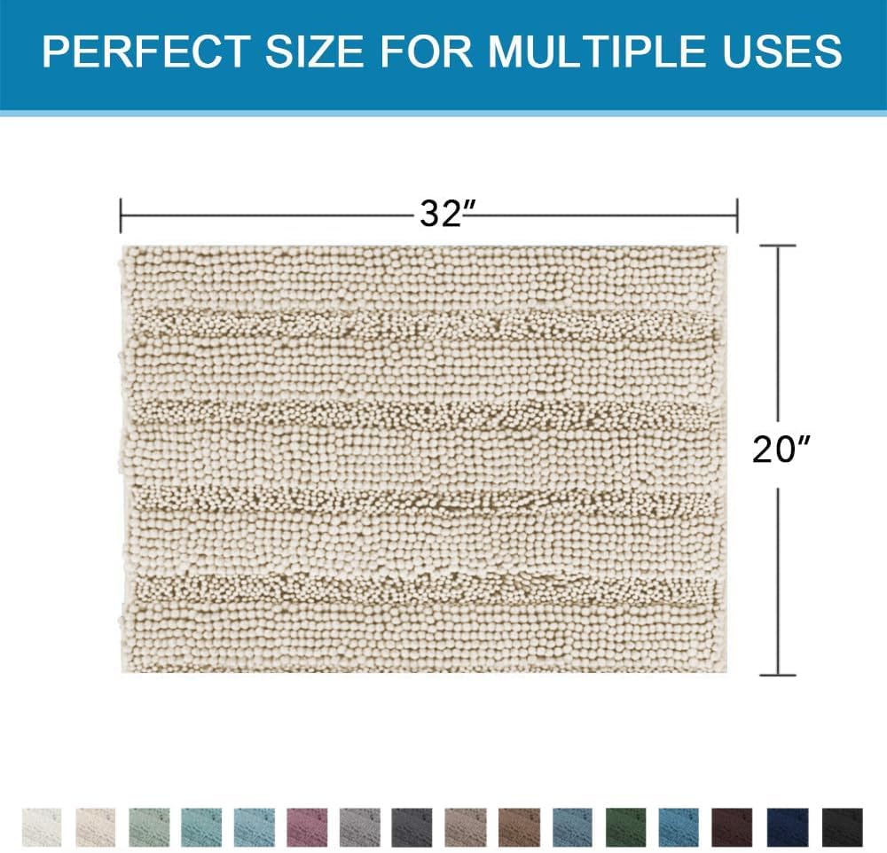 H.VERSAILTEX Bath Mats for Bathroom Non Slip Thick Chenille Striped Bath Rug Absorbent Fluffy Soft Shaggy Rugs Washable Dry Fast Plush Mats for Indoor, Bath Room, Tub - 20" x 32", Fog