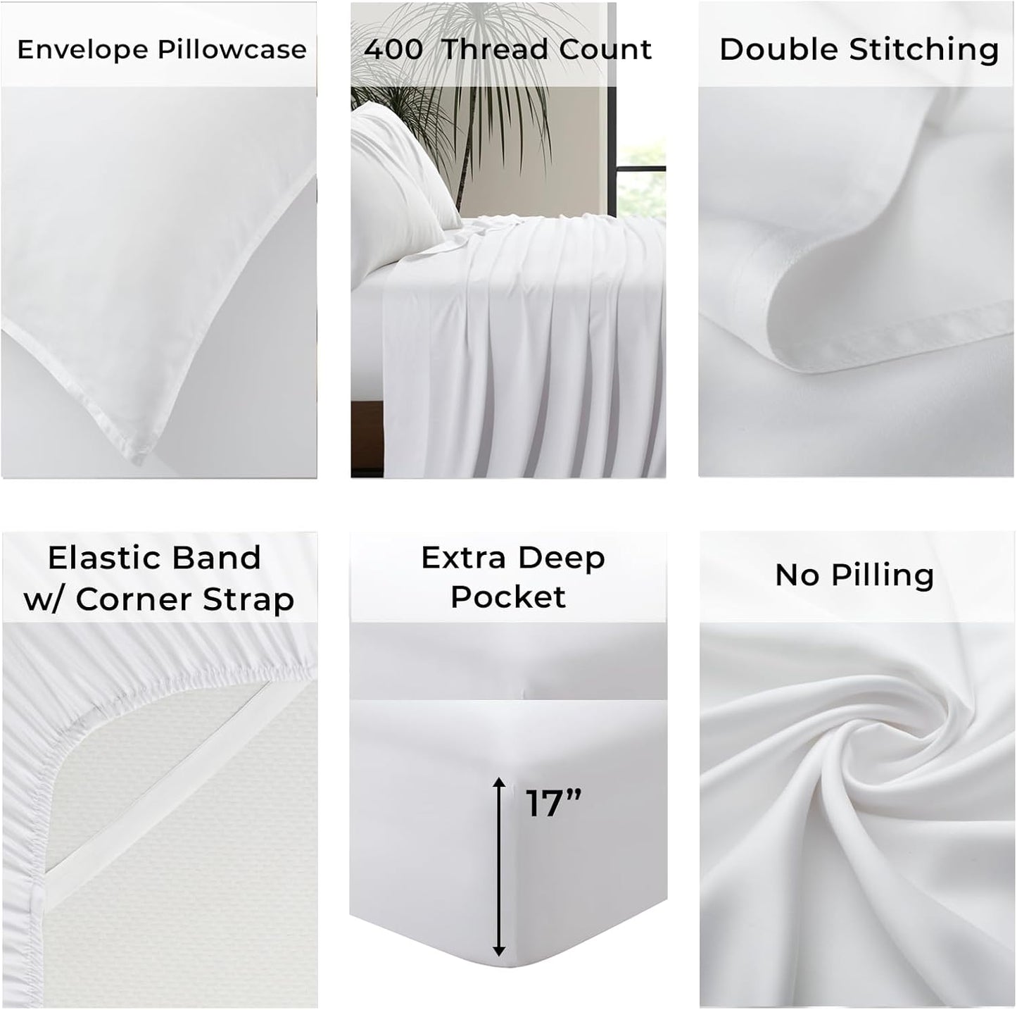 Luxury Bamboo Market | Queen Size Bed Sheet Set | 100% Viscose Made from Bamboo | Organically Grown | Ultra Soft | Cooling Sheets for Hot Sleepers | 17" Deep Pocket [Classic White]