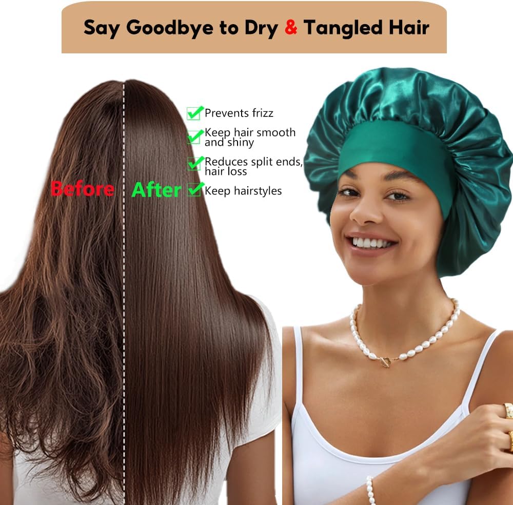 3+3 Large Satin Bonnets with Scrunchies for Women, Wide Band Hair Bonnet for Sleeping Braids Curly Hair