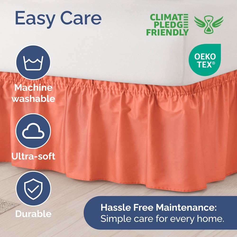 Wrap Around Dust Ruffle Bed Skirt - Coral - for Full Size Beds with 24 Inch Drop - Easy Fit Elastic Strap - Adjustable Pleated Bedskirt w/Brushed Fabric - Wrinkle Free - for Women, Men, Kids & Teens
