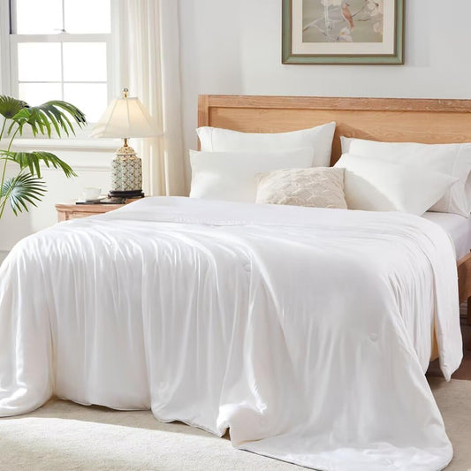 Globon Summer Comforter Queen Size,Luxurious Lightweight Blanket for Hot Sleepers,Natural Cooling Bamboo Viscose Shell,Organic Breathable Fill, Double Stitch,White