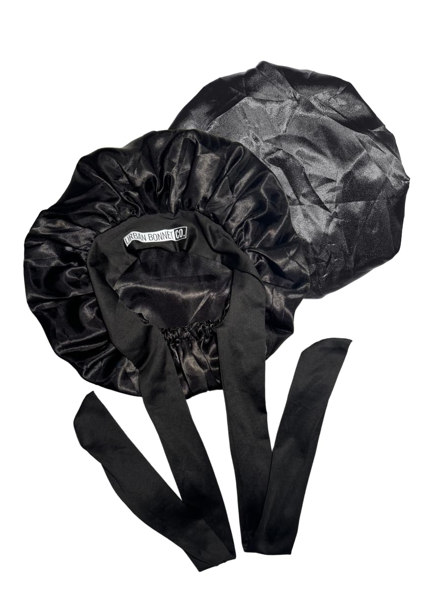 Premium Non Slip Satin Hair Bonnet for Men Curly Hair, Dreadlock Loc Cap Silk Bonnet Double Layer Sleeping & Shower Wrap Anime Bonnet Soft Band (Jet Black)