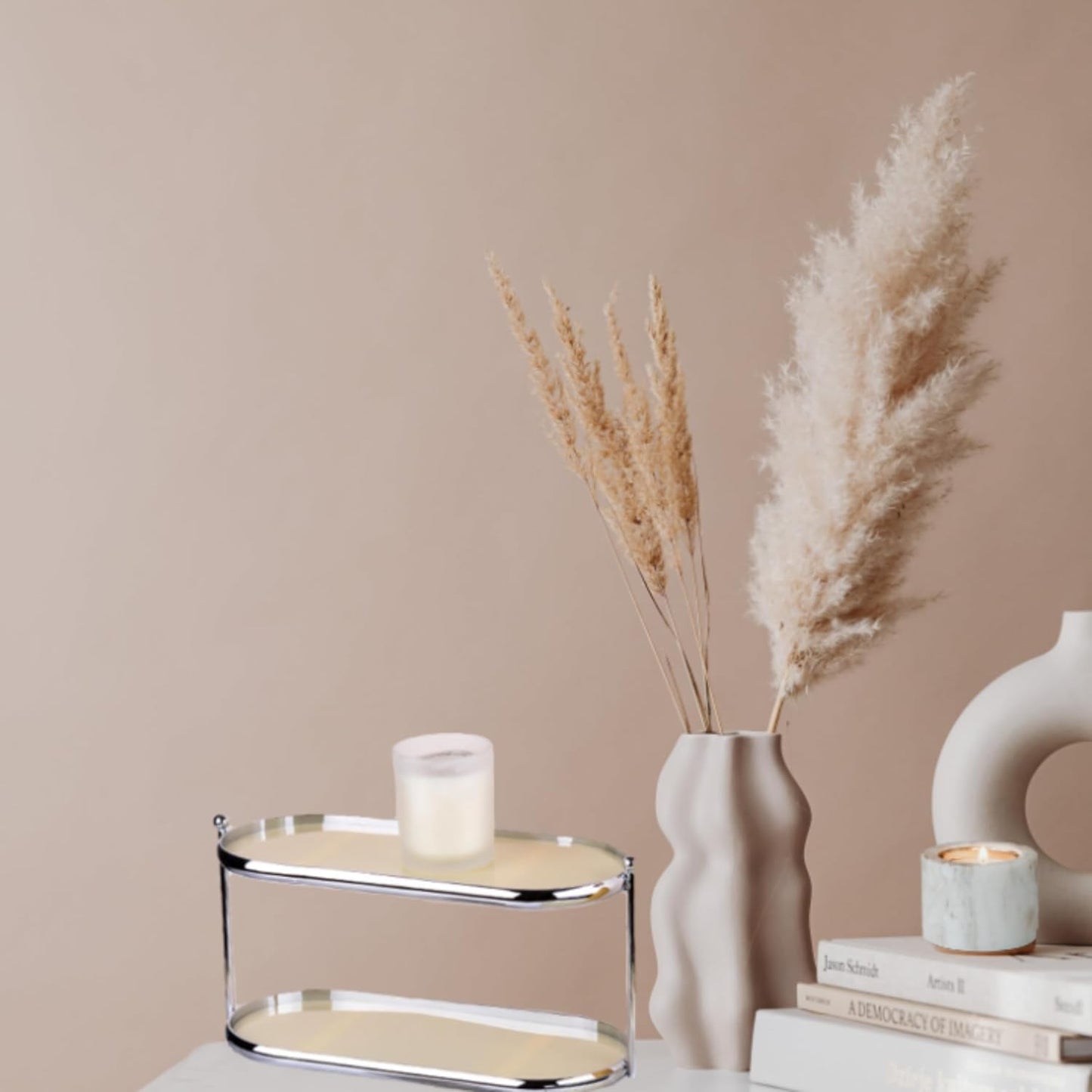 2 Tier Metal Frame Perfume Organizer in Stylish,and Minimalist Perfume Tray-Elegant Countertop Display Shelf for Skincare,Makeup,Trinket for Dresser,Vanity,Bathroom (Creamy White)