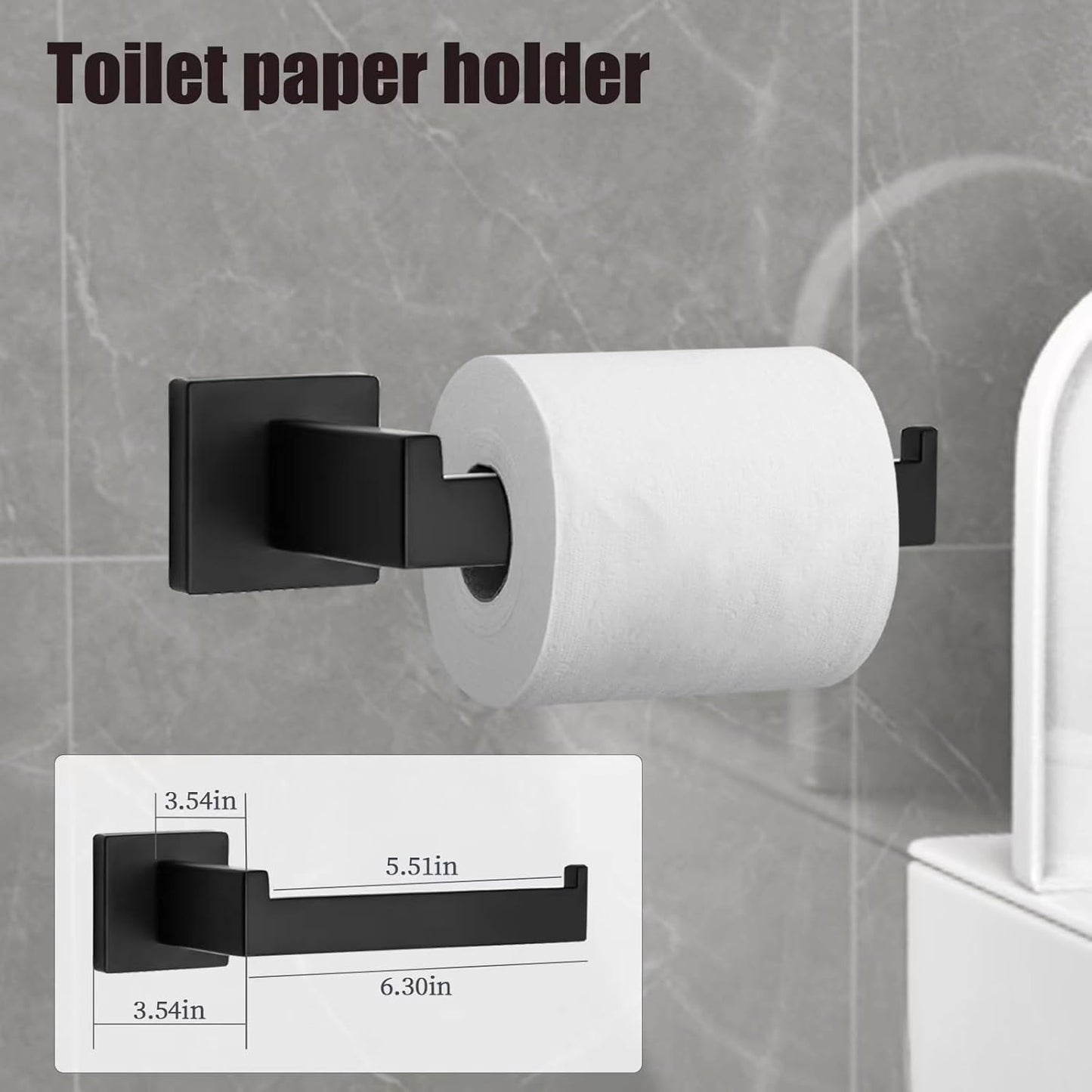 5-Piece Bathroom Hardware Set - Black Towel Bar Set with 2 Towel Hooks, Stainless Steel Wall Mounted Bathroom Towel Rack - Square, 16-Inch