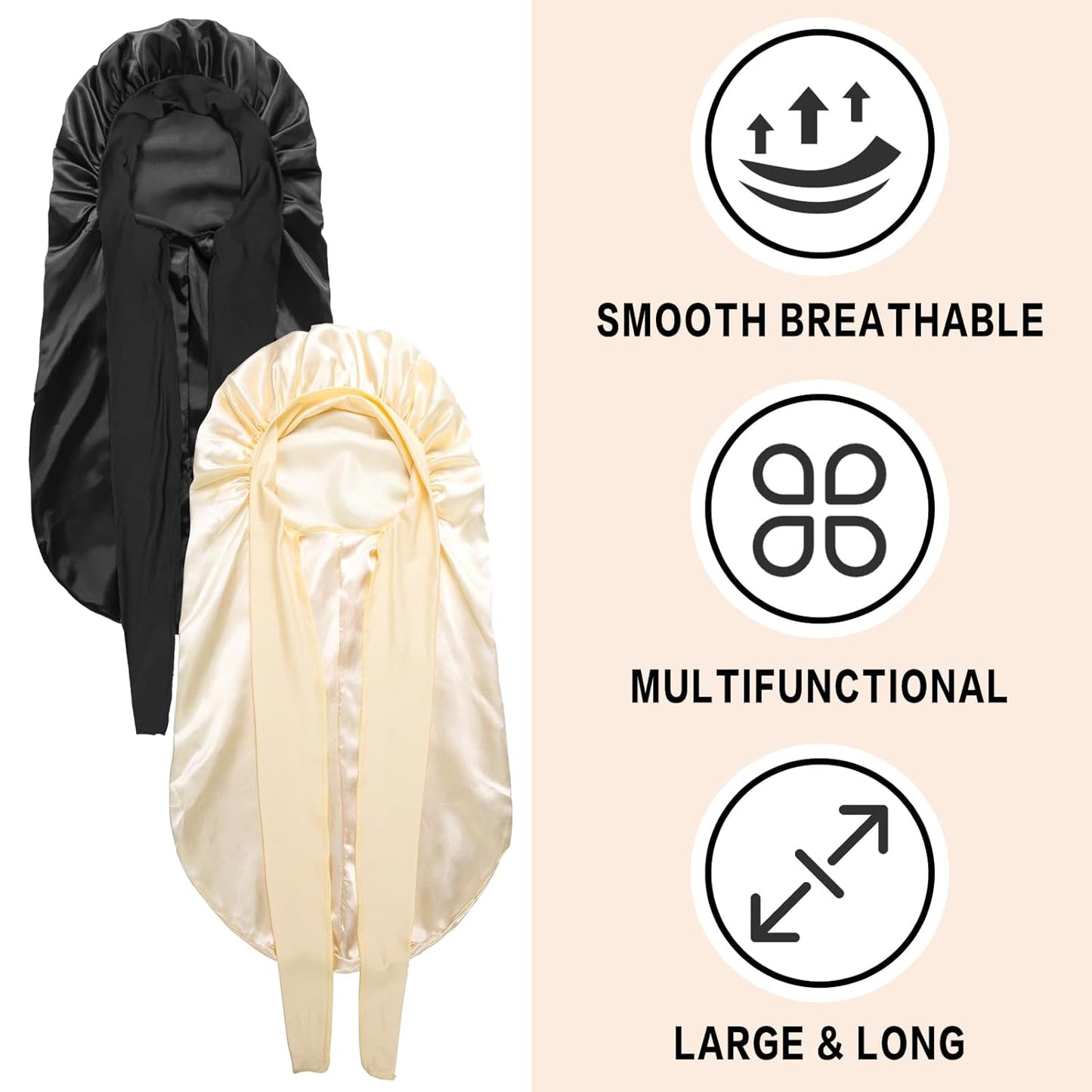 2Pcs Bonnets for Black Women Braid Bonnet, Large Long Satin Bonnet for Braids, Silk Bonnet with Stretchy Tie Band Sleep Cap Hair (2Pcs-Black&Gold)