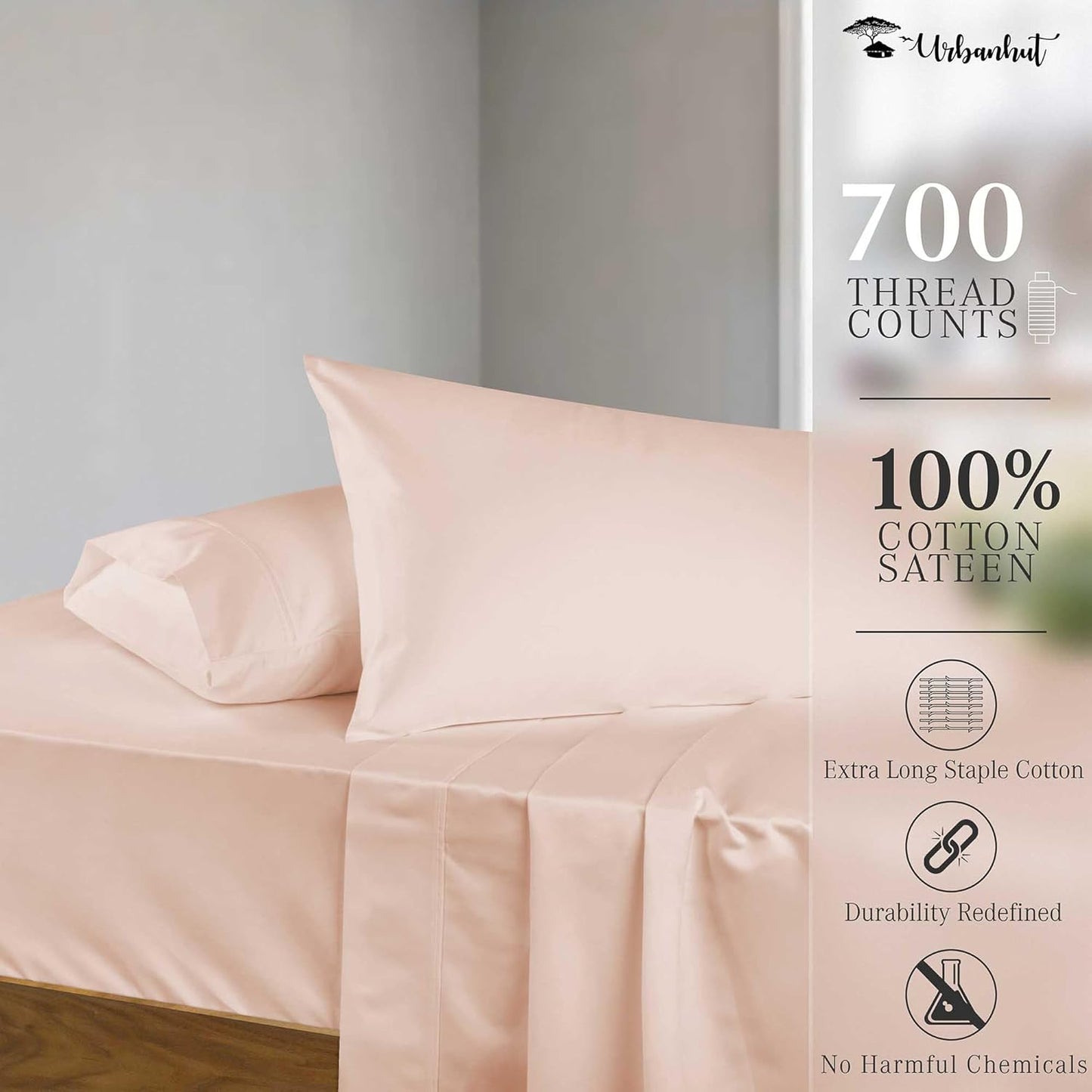 URBANHUT Egyptian Cotton Twin Sheets, 4Pc Set - Soft Luxury Sateen Weave Hotel Sheets, 14'' Deep Pocket - Blush