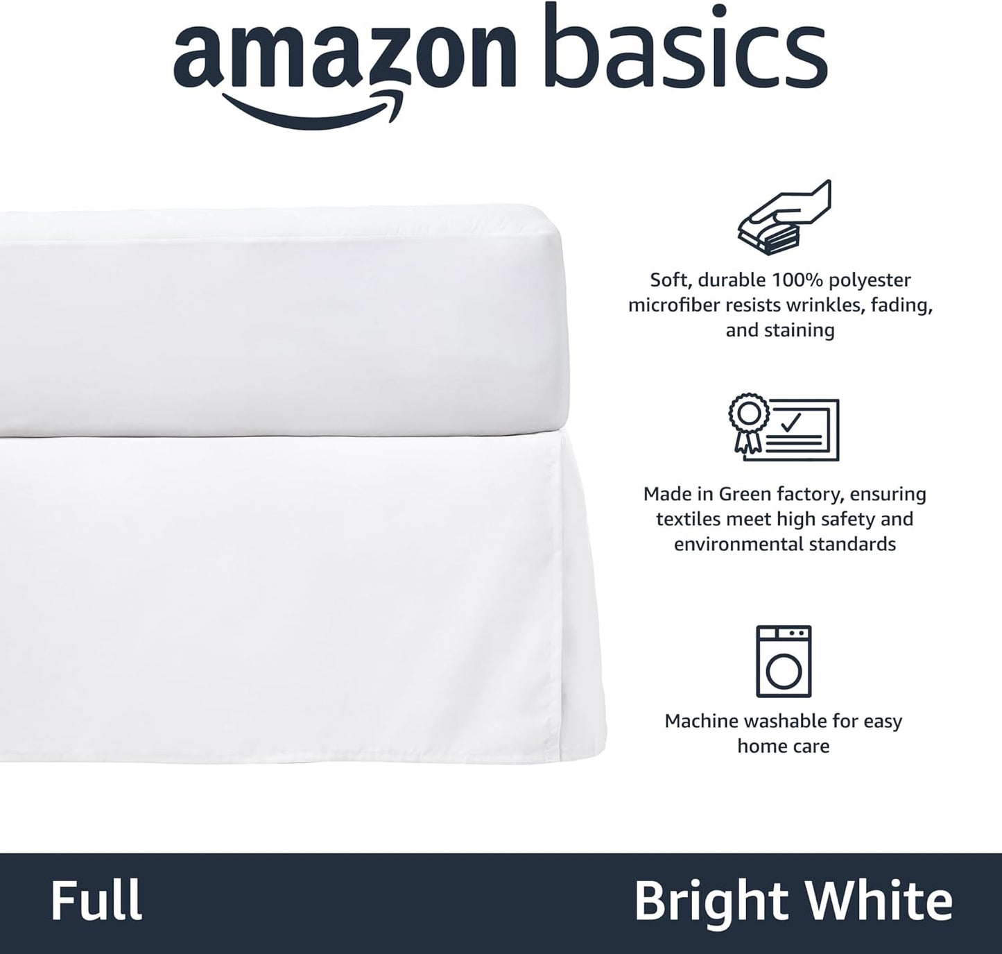 Amazon Basics Lightweight Pleated Bed Skirt, Full, Bright White, Solid