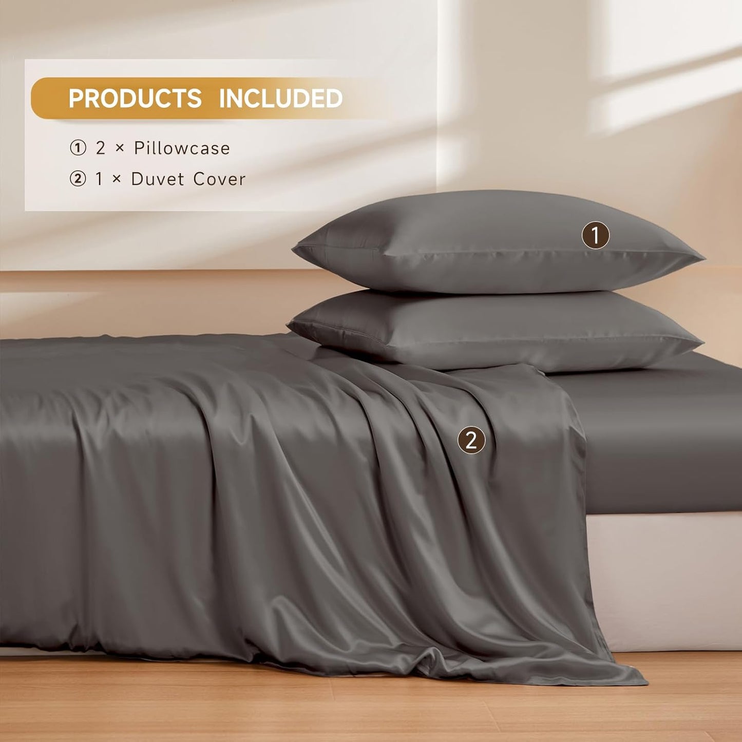 THXSILK 100% Pure Mulberry Silk Duvet Cover Set 3 Piece, 6A+ Grade Luxury Soft Bedding Silk Sheets for Hair and Skin, 1 Pcs Duvet/Quilt/Comforter Cover with 2 Zippered Pillowcases (Charcoal, King)