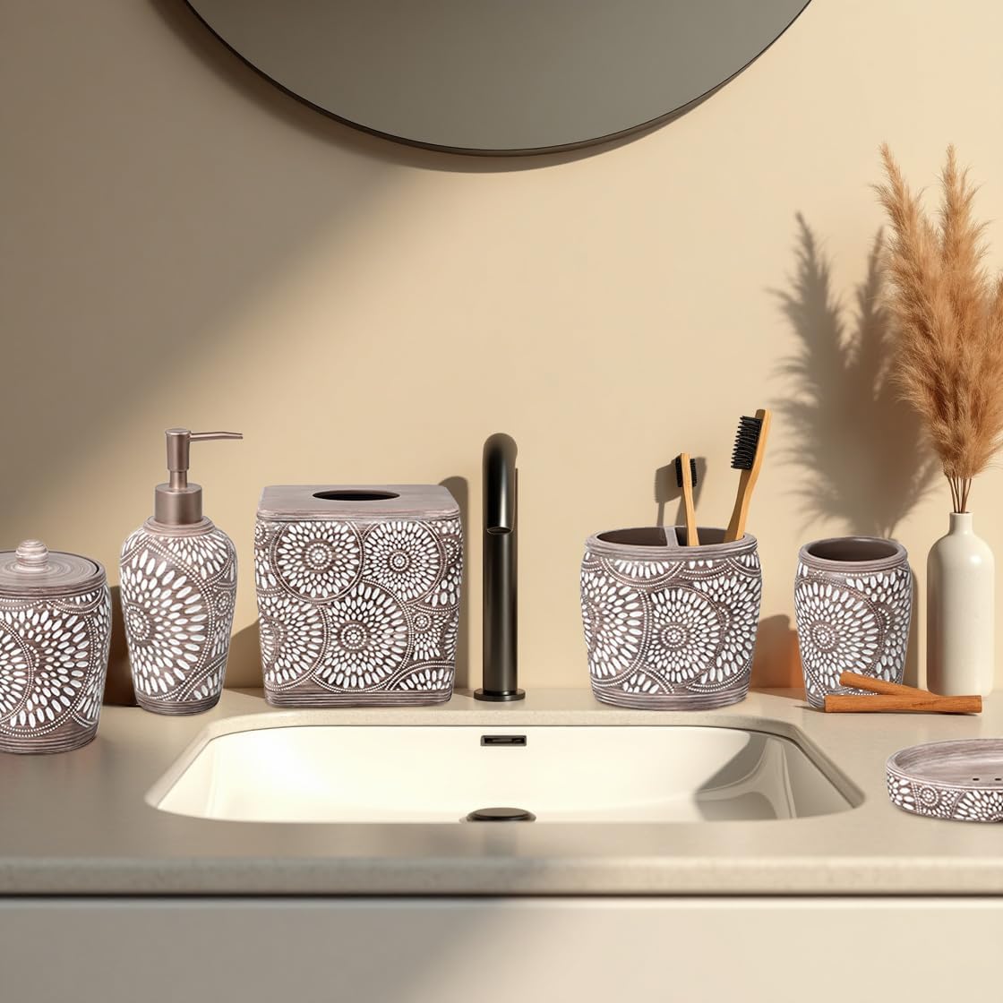 6-Piece Bathroom Accessories Set – Soap Dispenser, Toothbrush Holder, Tumbler, Soap Dish, Cotton Swab Jar & Toilet Brush – Modern Bathroom Decor Set (Ciccone)