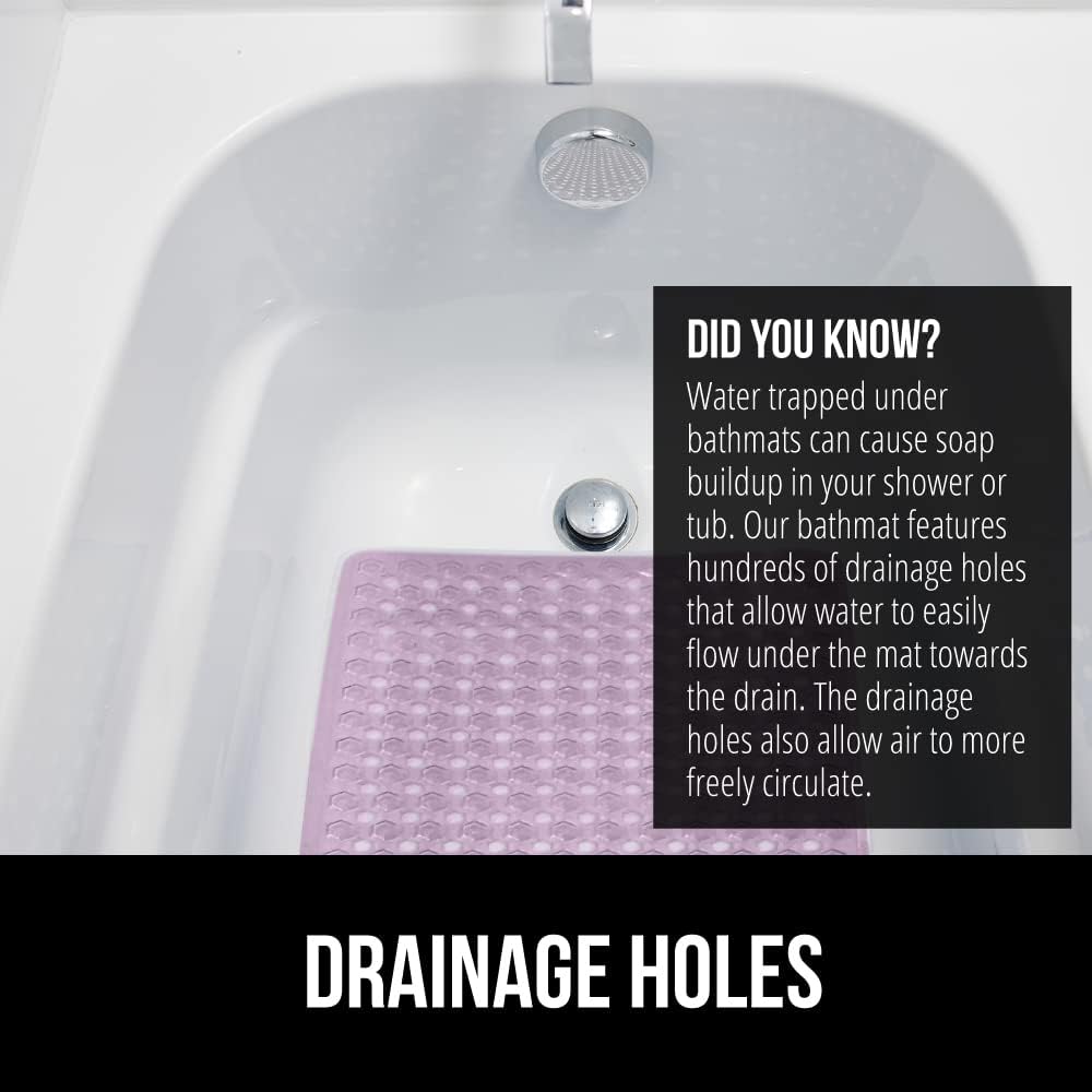 GORILLA GRIP Patented Bath Tub Shower Mat, Machine Washable Bathtub Floor Liner Mats, Suction Cups and Drain Holes to Keep Tubs Clean, Soft on Feet, Bathroom Essentials, 35x16 Inch, Clear Purple