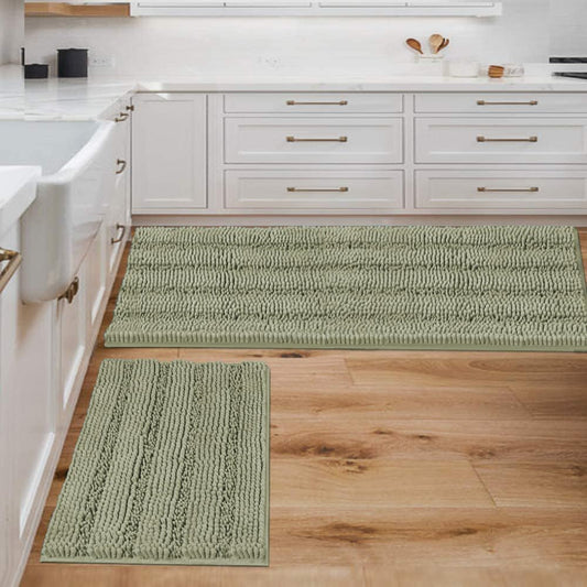 H.VERSAILTEX Bathroom Rug Sets 2 Piece Bath Mats Non Slip Thick Soft Chenille Striped Bath Rug achine Washable Shower Floor Rugs for Tub, Shower and Floor (Eucalyptus Green, 47" x 17"/17" x 24")