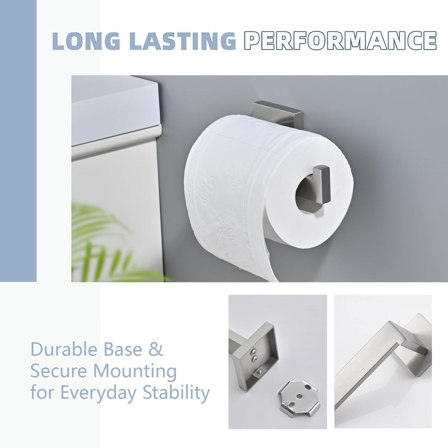 3PCS Bathroom Hardware Set, Brushed Nickel Toilet Paper Holder, 2 Square Towel Robe Hooks, SUS 304 Stainless Steel, Wall Mounted, Modern, Rust‑Resistant (Silvery)