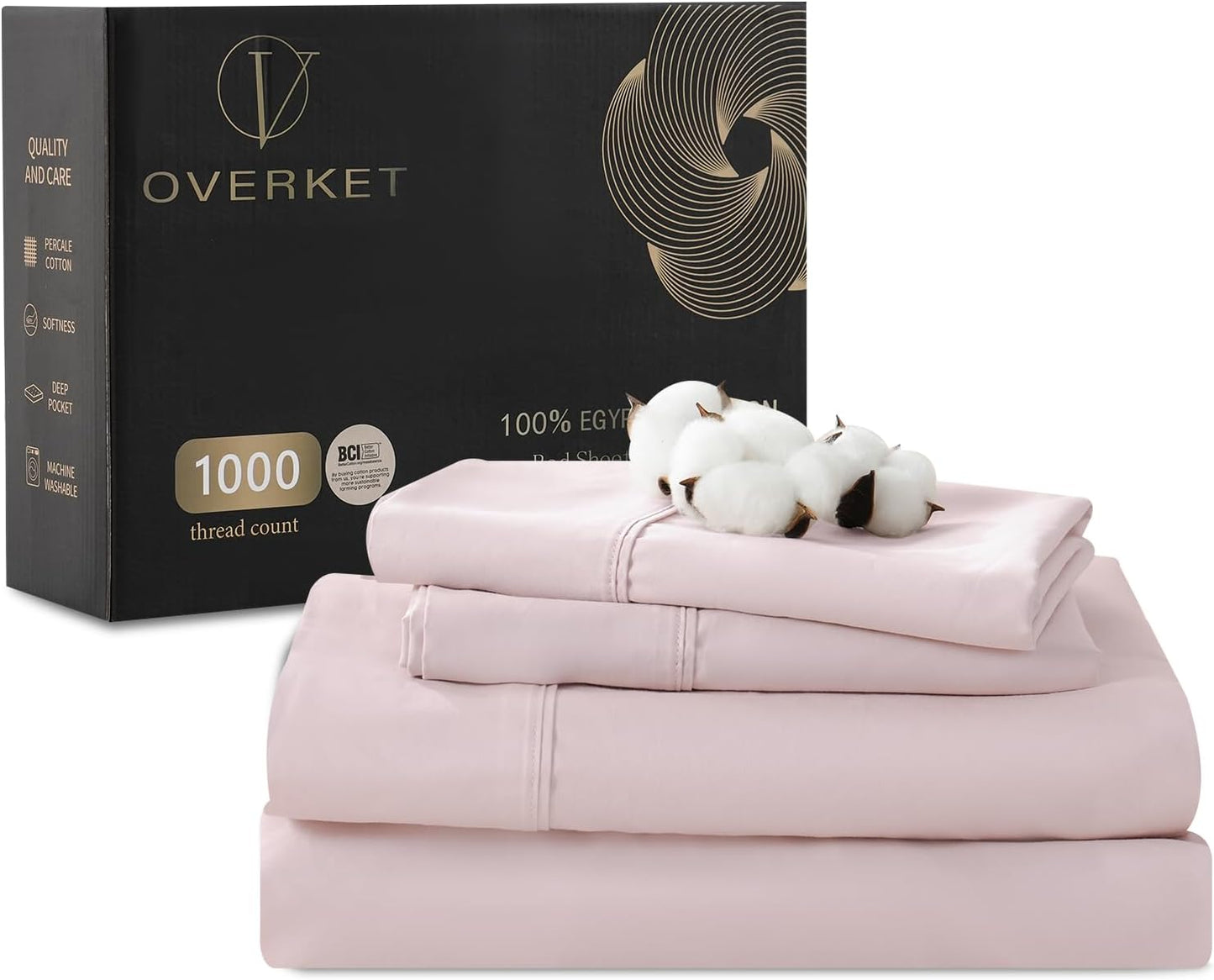 100% Egyptian Cotton Sheets Cal King Sheet Set 1000 Thread Count Sateen Weave Soft Breathable 16-Inch Deep Pocket 4PCS（California King,Light Pink）