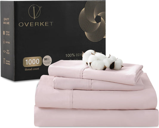 100% Egyptian Cotton Sheets King Size 1000 Thread Count Sateen Weave Soft Breathable 16-Inch Deep Pocket 4PCS（King,Light Pink）
