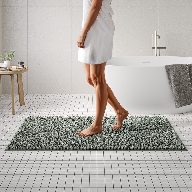 MAYSHINE Plush Shaggy Chenille Bath Mat | Extra Soft, Super Absorbent, Non-Slip Bathroom Rug | Fluffy Microfiber, Area Rug Sets for Bathroom Floor, Kitchen, Living Room | 59"x31" | Sage Green