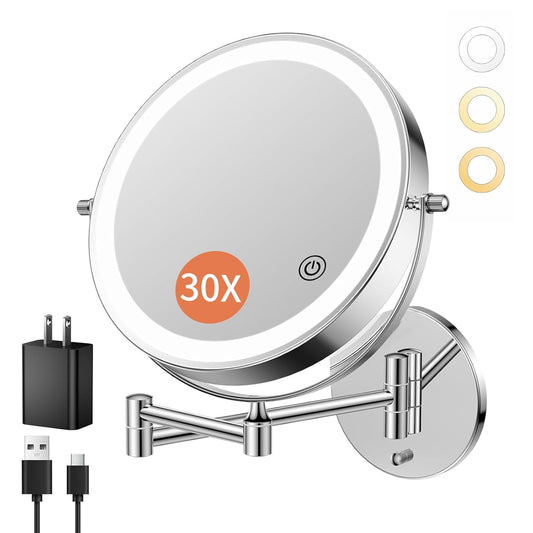 FUNTOUCH 9" 30X/1X Magnifying Wall Mounted Makeup Mirror, 4500mAh Rechargeable Double Sided Mirror with Light, 3 Color Lights,Touch Dimmable, 360 Rotation Extended Arm for Bathroom,Chrome