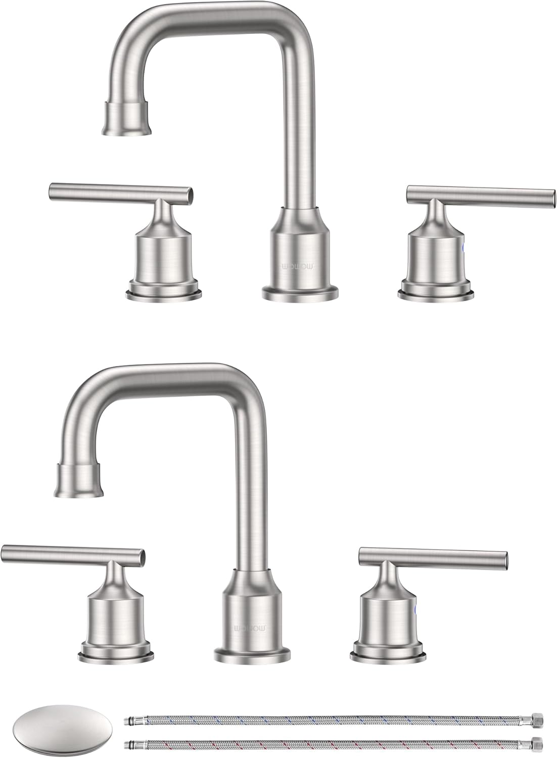 WOWOW Brushed Nickel Bathroom Faucet: Widespread Bathroom Sink Faucet Set 3 Hole with Pop-up Drain and Supply Lines, 8 Inch Vanity Faucet 3 Pieces Basin Tap 2 Handle Modern (2 Pack)