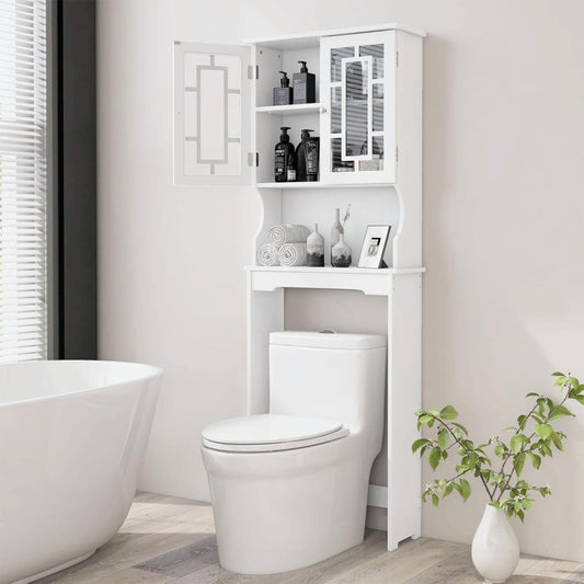 BestComfort Over The Toilet Storage Cabinet, Home Bathroom Space Saver Organizer Above Toilet, Double Doors and Adjustable Shelf, Wooden Freestanding Toilet Storage Rack Unit, 67 in H (White)