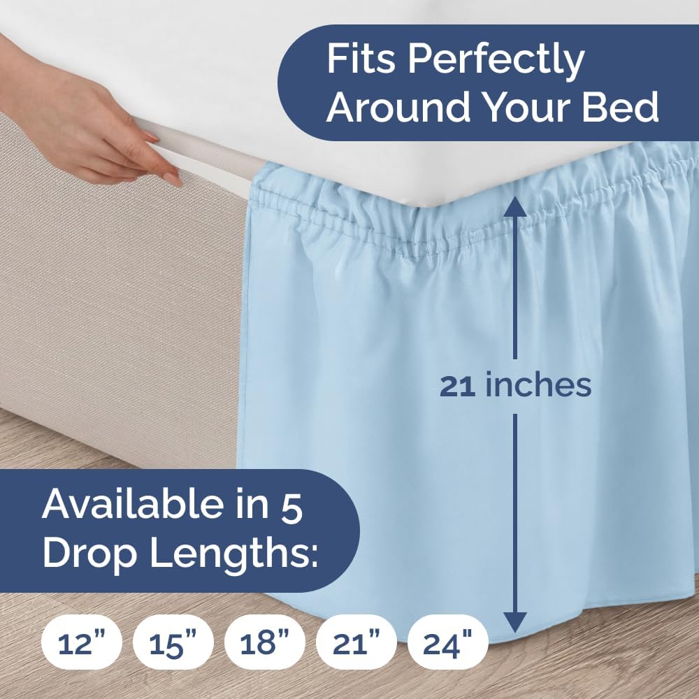 Wrap Around Dust Ruffle Bed Skirt - Light Blue - for Queen Size Beds with 21 Inch Drop - Elastic Strap - Adjustable Pleated Bedskirt with Brushed Fabric and Wrinkle Free - For Women, Men, Kids & Teens