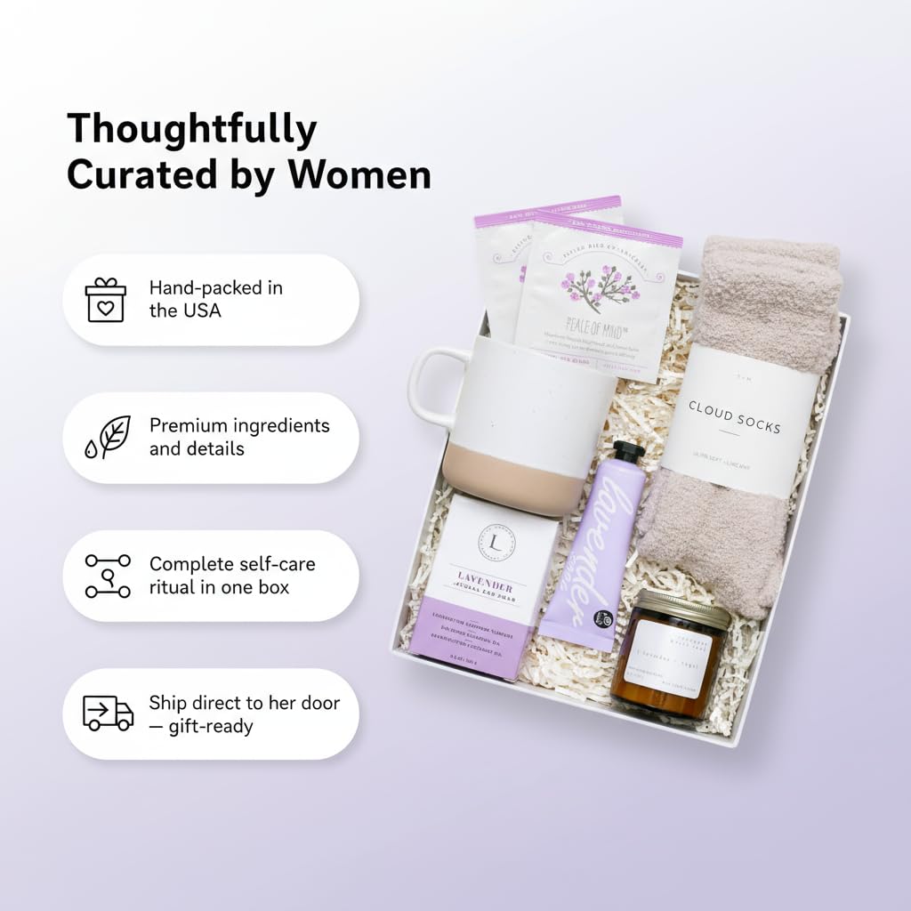 Unboxme Lavender Spa Gift Basket for Women, Self Care Package with Candle, Bath Bomb, Tea & Mug - Relaxation Gifts for Birthday, Get Well