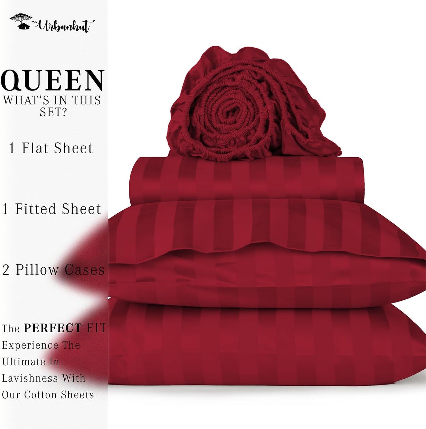 URBANHUT 1000 Thread Count Damask Striped Queen Bed Sheets Egyptian Cotton Sheet Set, Long Staple Soft & Breathable, 4 Pc Bed Sheet Sets, Luxury Hotel Sateen Sheets Fits 16" Deep Pocket - Burgundy