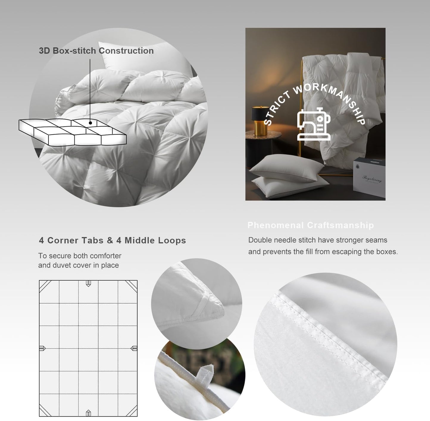 Royoliving Premium Pinch Pleat Feathers Down Comforter King Size White 100% Cotton Cover All Season Duvet Insert with Corner Tabs (106x90, 70 oz)
