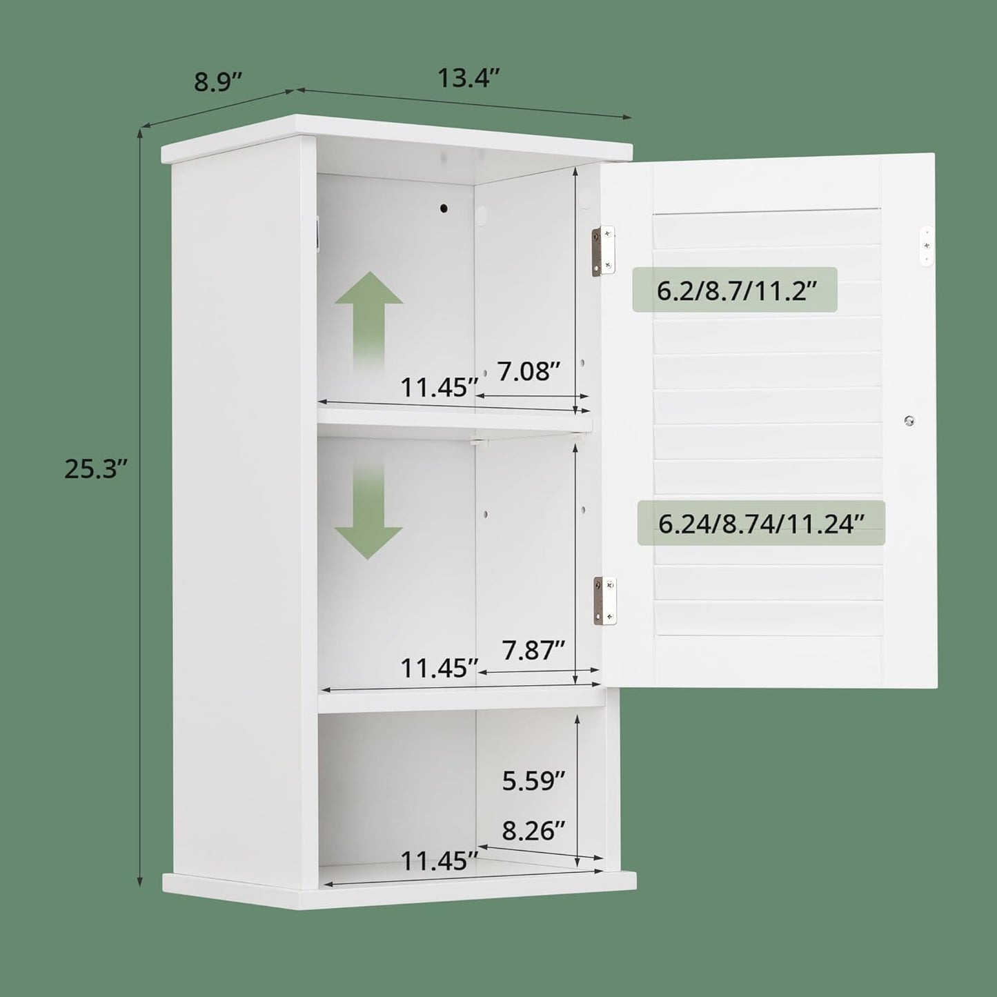 Small Bathroom Wall Cabinet, Slim Single Louvered Door Narrow Over The Toilet Storage, Adjustable Shelves, Space Saver Organizer, 13.4x8.9x25.3 inches
