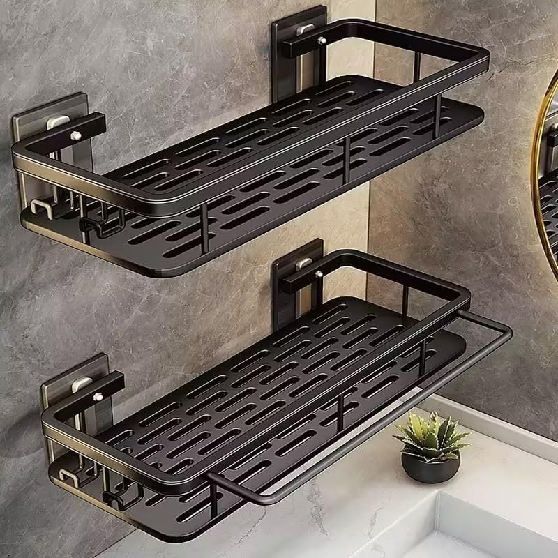 EVALAND Aluminum Shower Caddy, Adhesive Shower Shelves, 2-Pack with Hooks and Rod for Towels, No Drill Wall Mount Rustproof Premium Organizer for Bathroom, Kitchen, Black