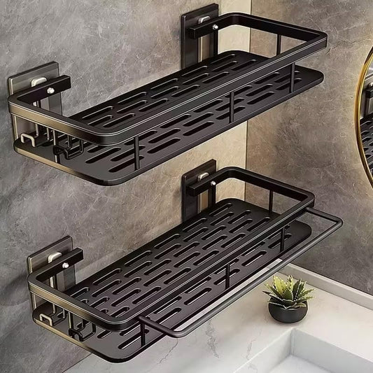 EVALAND Aluminum Shower Caddy, Adhesive Shower Shelves, 2-Pack with Hooks and Rod for Towels, No Drill Wall Mount Rustproof Premium Organizer for Bathroom, Kitchen, Black