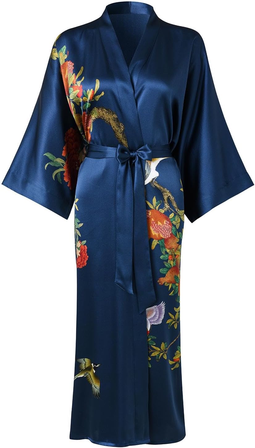 Women's Silk Kimono Robe Long Bathrobe Nightgown 100% Mulberry Silk for Women - Classic Floral Pattern