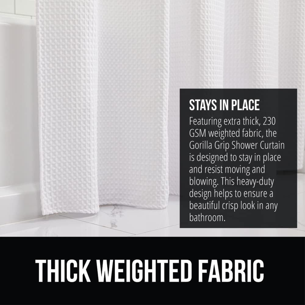 GORILLA GRIP Waffle Shower Curtain, Thick Weighted Fabric, 72x78, Wrinkle and Rust Resistant, Classic Hotel Quality Design, Heavy Duty Long Curtains for Bathroom Showers, Bath Tubs, Machine Wash White