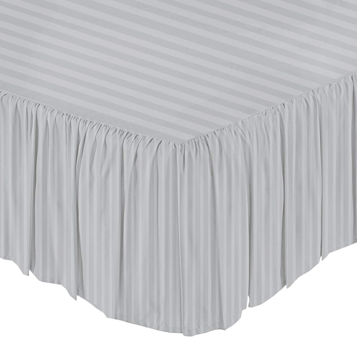 KRISHNA Ruffled Bed Skirt with Split Corners Queen, 100% Microfiber Hotel Quality, 15 Inch Drop Dust Ruffle Gathered Bedskirt with Platform, 60" x 80", Light Grey Stripe