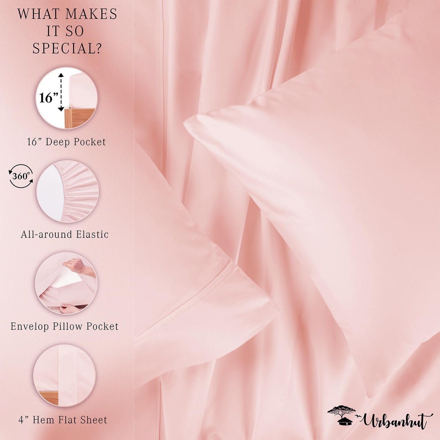 URBANHUT 700 Thread Count California King Size Egyptian Cotton Sheets, 4Pc Sheet Set Soft Luxury Bed Sheets for Cal King Size Bed, Sateen Weave Hotel Sheets, 16'' Elasticized Deep Pocket - Blush Pink