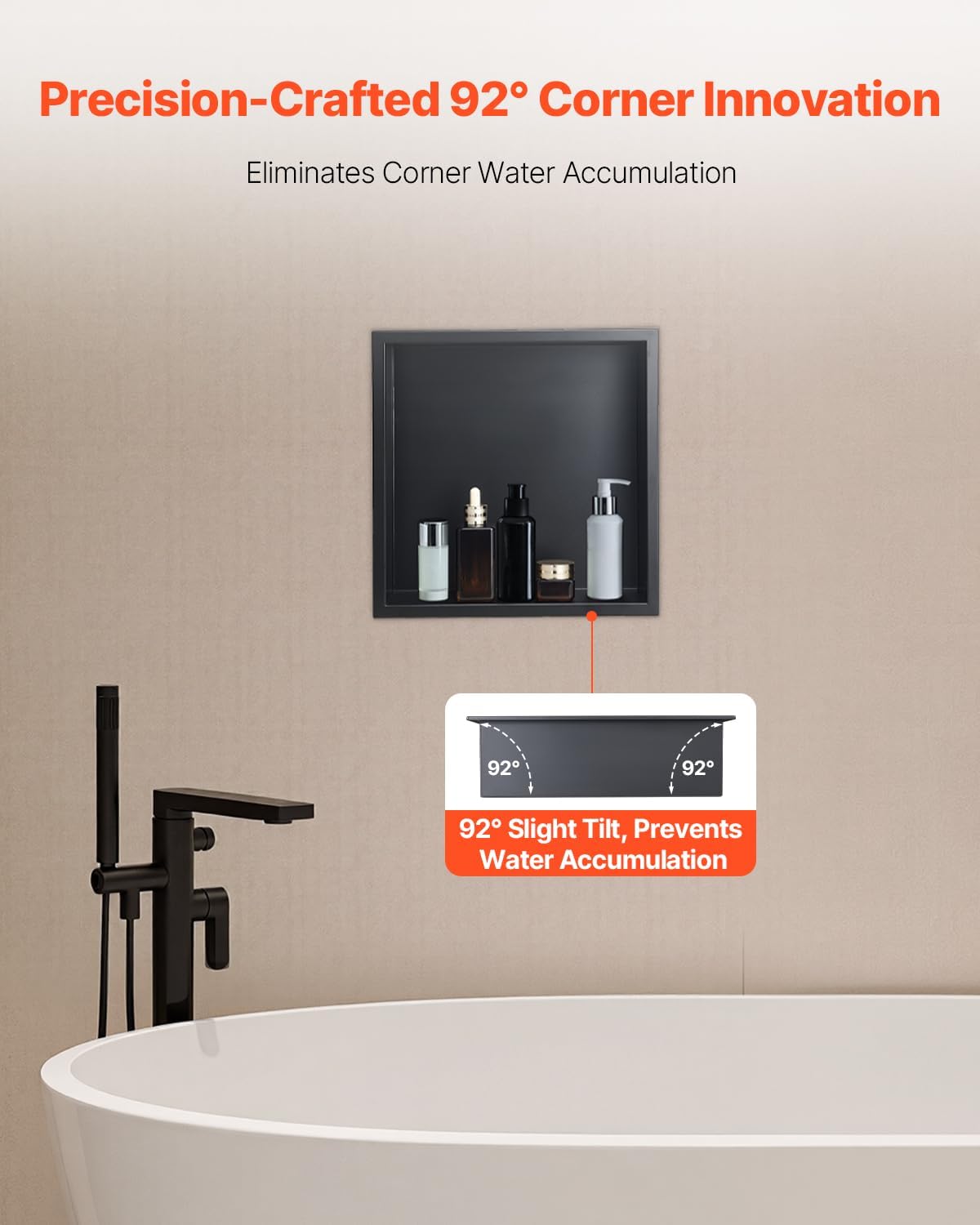 VEVOR Shower Niche, 13 x 13 x 4 inch Recessed Wall Niche, Heavy-duty Stainless Steel Modern Soap & Shampoo Storage Organizer, Sealed Waterproof, Durable & Easy to Install,Black for Bathroom