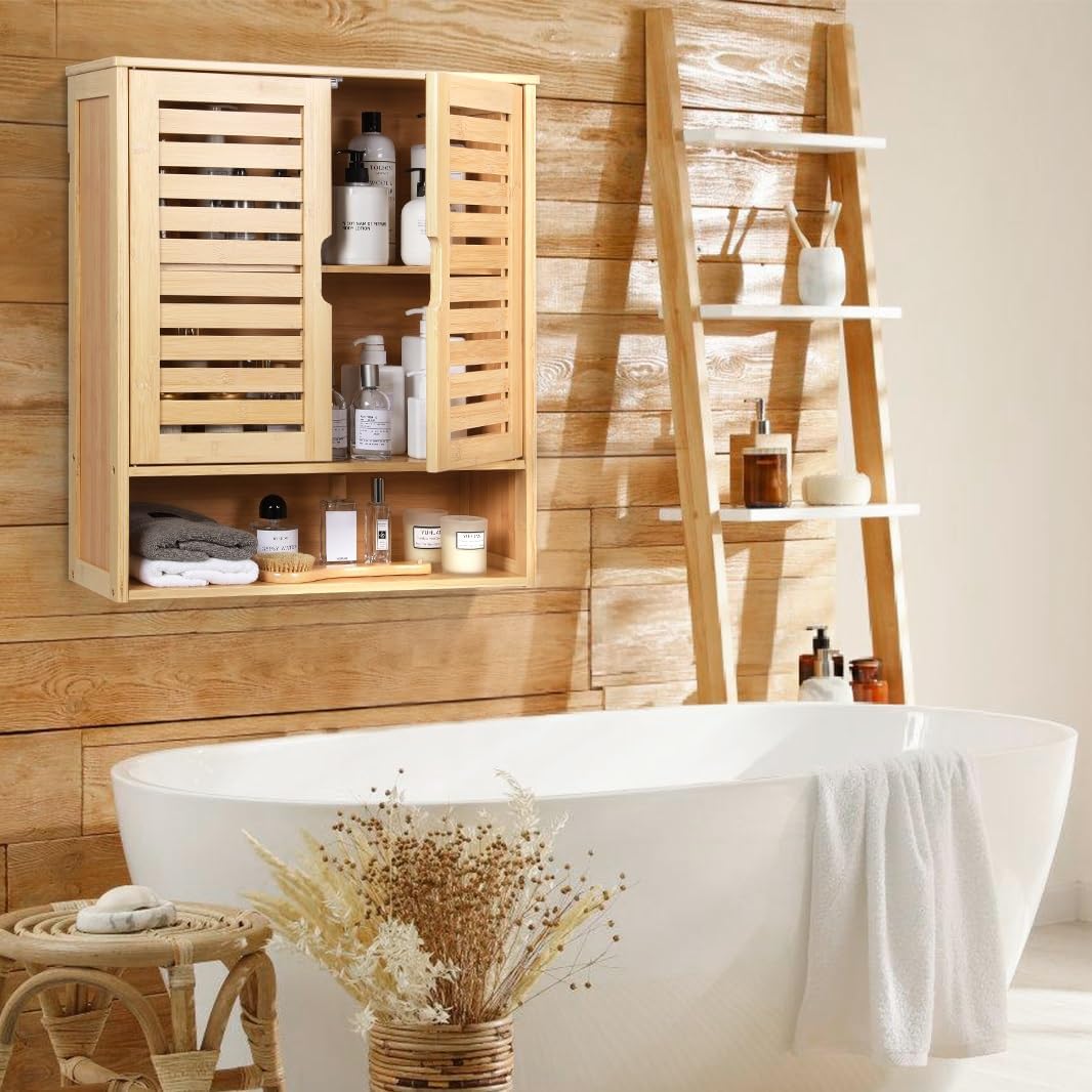 HYNAWIN Bathroom Wall-Mounted Medicine Cabinet - Over-The-Toilet Floating Bamboo Storage Organizer with Adjustable Shelf, Space-Saving for Kitchen, and Living Room