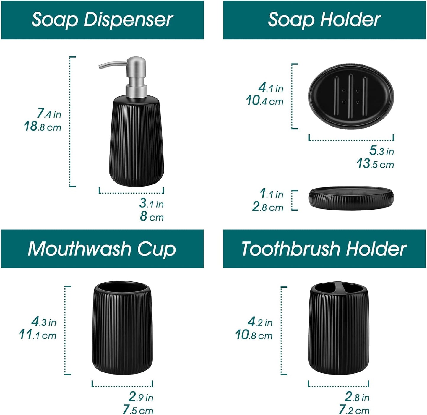 vancasso Ceramic Bathroom Accessories Set 4 Piece, Soap Dispenser with Stainless Steel Pump, Toothbrush Holder, Tumbler and Soap Dish, Modern Relief Design, Bathroom Decor Organizer, Black