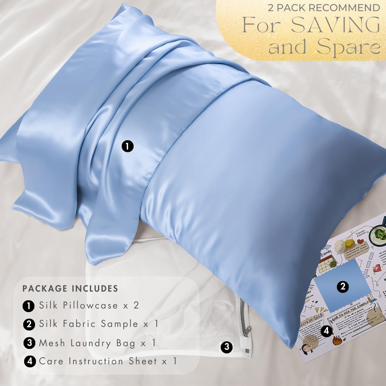 PROMEED 23 Momme Silk Pillowcase 2 Pack with Zipper, 3rd Gen Grade 6A+ 100% Mulberry Silk Pillow Case Set of 2, Cooling Pillow Cases for Hot Sleepers (King 20"x36", Light Blue)