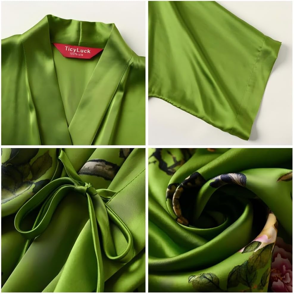 Women's Silk Kimono Robe Long Bathrobe Nightgown 100% Mulberry Silk for Women - Classic Floral Pattern