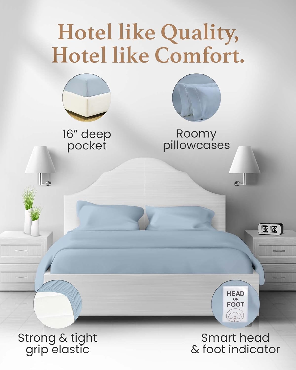 1000 Thread Count Egyptian Cotton Sheets Queen Size, 4 Pc Luxury Sheets Set, Long Staple 100% Cotton Sheets for Queen Size Bed, 16" Deep Pocket Hotel Style Sheets, Sateen Sheets Queen, Light Blue