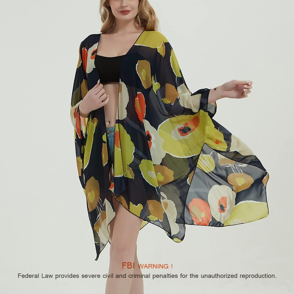 Women's Bohemian Floral Chiffon Beach Cover up Swimsuit Kimono Summer Swimwear Cardigans