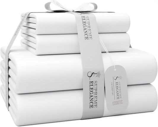 1200 Thread Count Queen Size Sheets Set White, Ultra Soft Cotton Rich Easy Care Sateen Sheets, Moisture Wicking Bed Sheet with Deep Pocket (1 Flat Sheet, 1 Fitted Sheet & 2 Pillowcases)