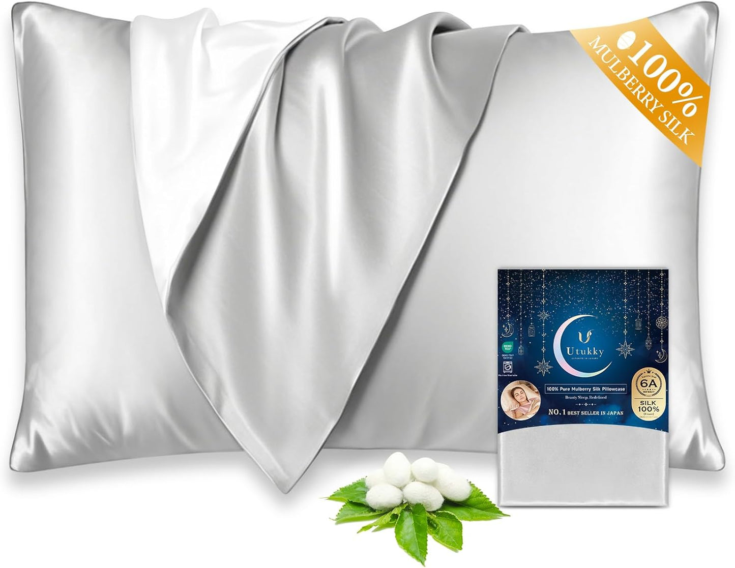 Utukky 100% Mulberry Silk Pillowcase 22 Momme - Ultra Premium 6A Grade Silk Pillow Case - Envelope Enclosure - Breathable Cooling Pillow Cover