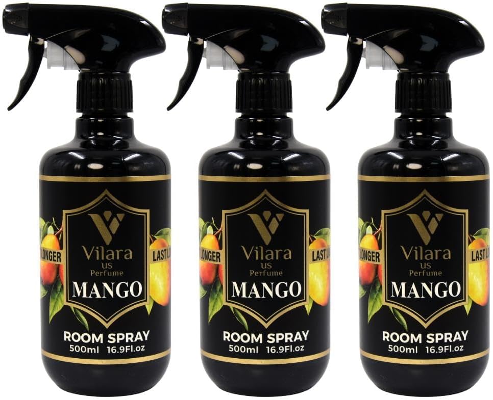Vilara US Room Spray Freshener – Long-Lasting Luxury Perfume Scent, Linen & Fabric Spray for Bedding, Furniture, Home & Bedroom Aromatherapy – 16.9 fl oz (Mango Pack 3)