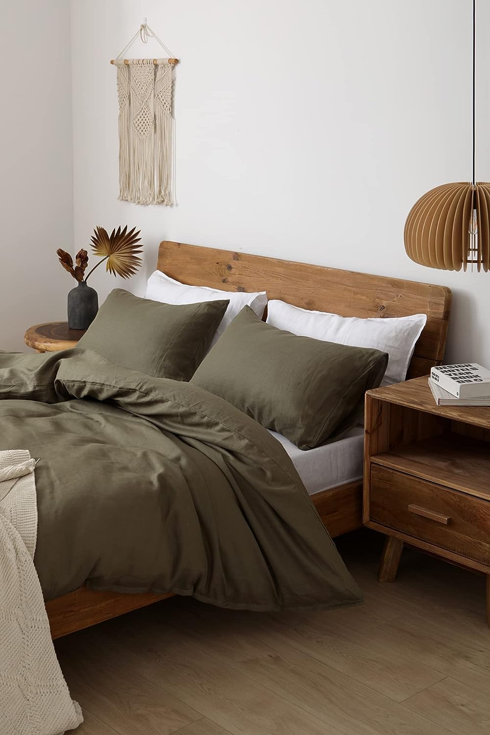 XZ XIFA Olive Green Linen Duvet Cover Oversized King, 100% Washed French Flax Linen Bedding Set with Zipper Closure, Cooling & Textured Bed Sets for Hot Sleepers(1 Duvet Cover, 2 Pillowcases)