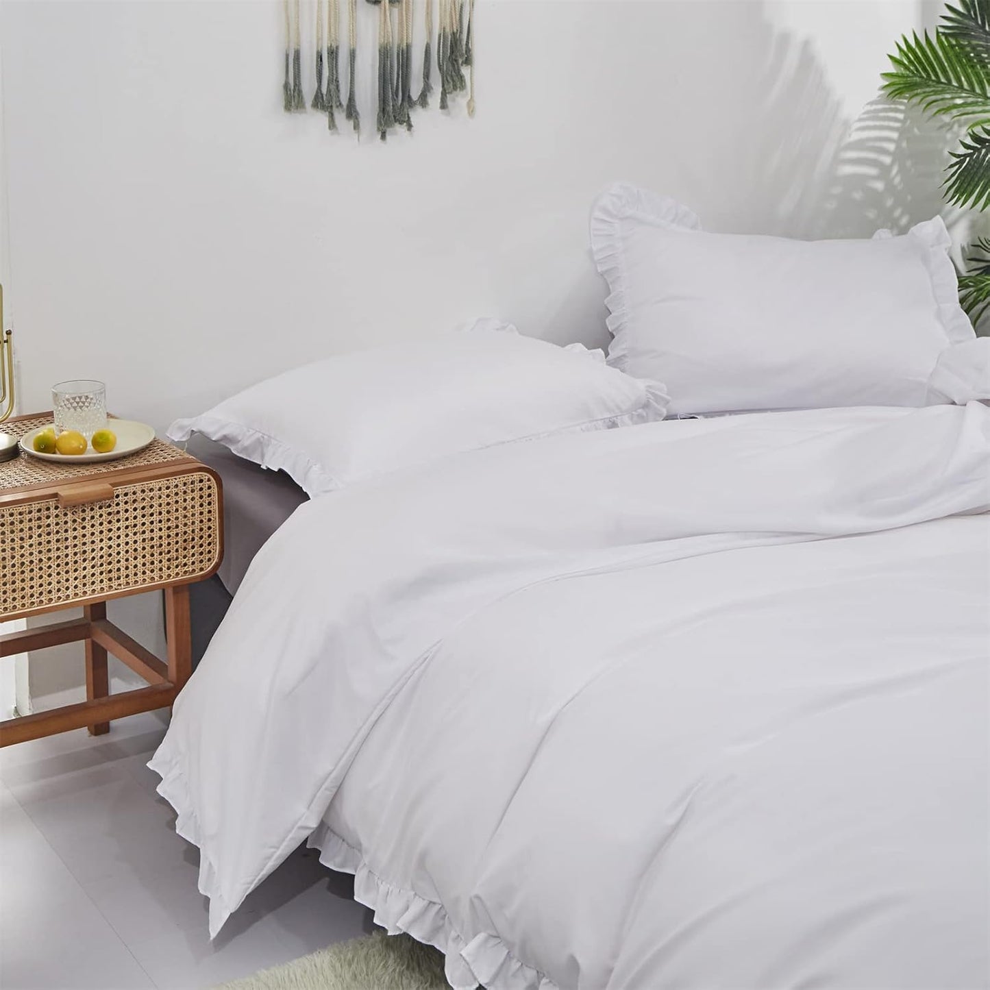 Cottonight Ruffle White Comforter Set California King Farmhouse Shabby Bedding Comforter Set Ruffled Friange White Blanket Quilts Cotton Soft Breathable Bedding Set for Cal King Bed
