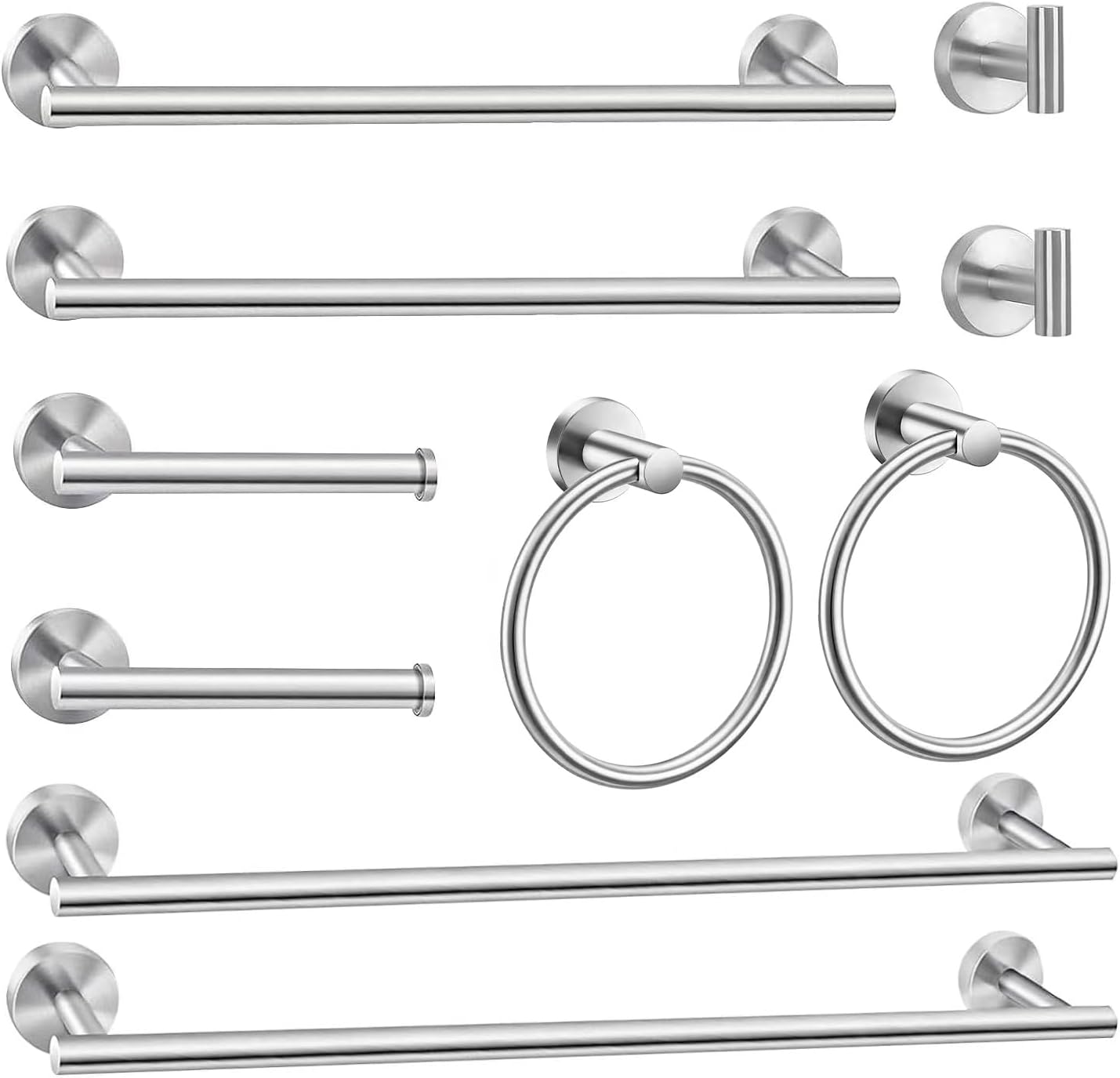 10Pcs Bath Tower Set, Includes 23.6 inch & 16 inch Towel Bars, Hooks, Rings & Toilet Paper Holder - Brushed Nickel