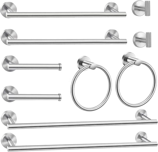 10Pcs Bath Tower Set, Includes 23.6 inch & 16 inch Towel Bars, Hooks, Rings & Toilet Paper Holder - Brushed Nickel